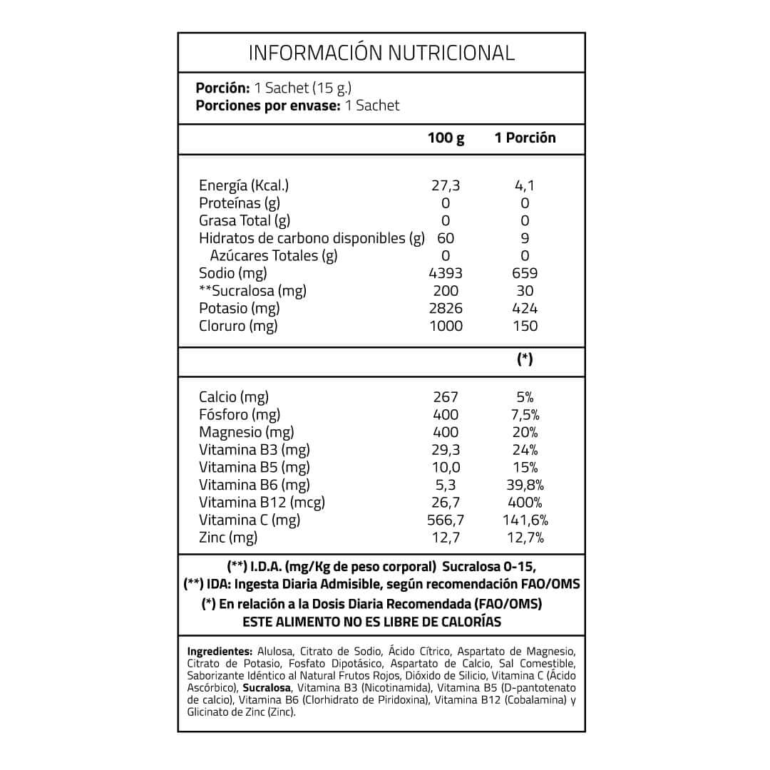 Tabla Nutricional, Información Nutricional con ingredientes Extra Life Boost de Hidratación 1 Sachet