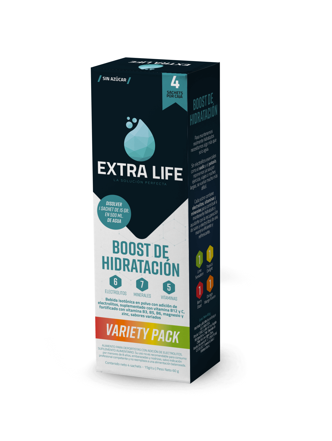 Caja Extra Life con 4 sachets, uno de cada sabor